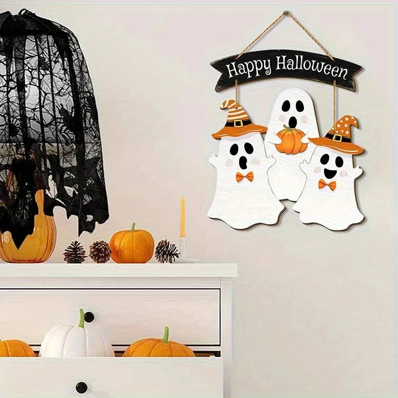 Halloween Wooden Hanging Sign | Multi-Color Festive Decor with Ghosts in Costumes & Pumpkin Design | Bohemian Style Wall Art