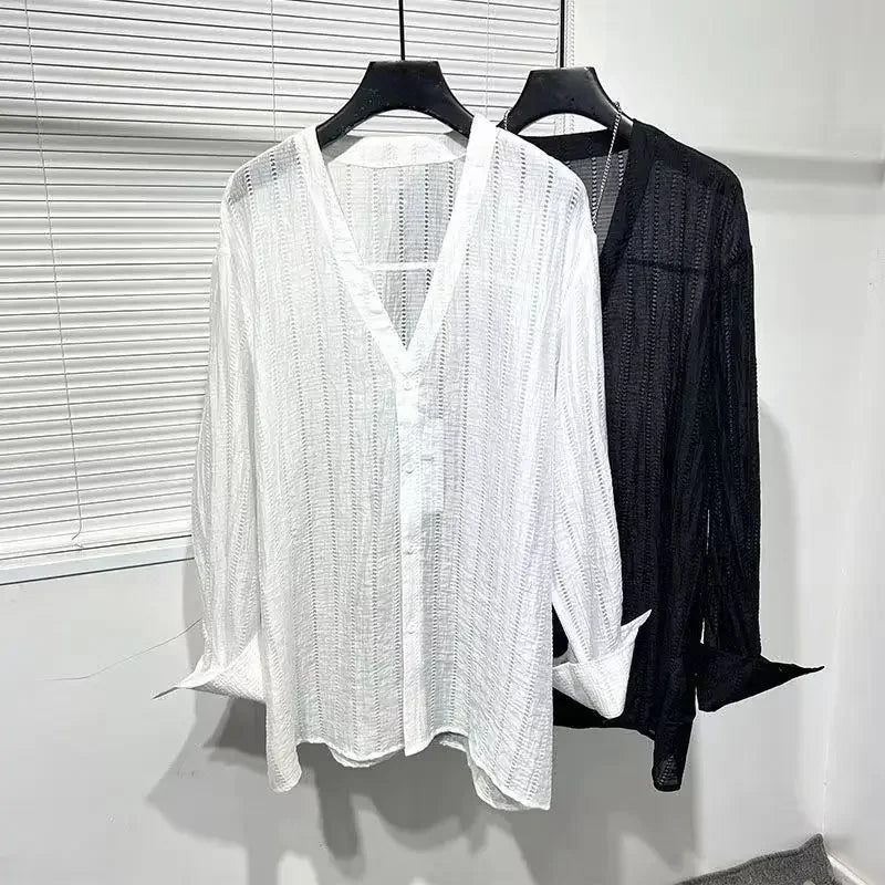 Mens Shirts Spring New Fashion Lace Long Sleeve Loose Casual T-shirt for Men