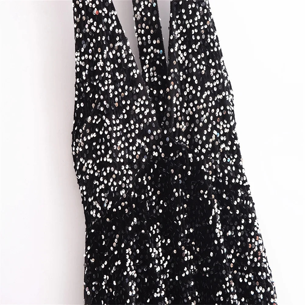 Autumn Winter Women  Sleeveless Slim-fit Sexy Backless Sequin Hanging Neck Mini Dress New Fashion Party Dress for Women Vestido