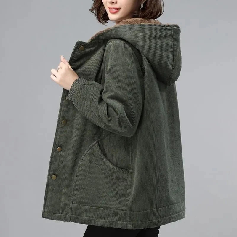 Women Corduroy Jackets 2025 New Autumn Winter Solid Loose Coat Female Casual Middle-Aged Plus Velvet Warm Hooded Ladies Overcoat