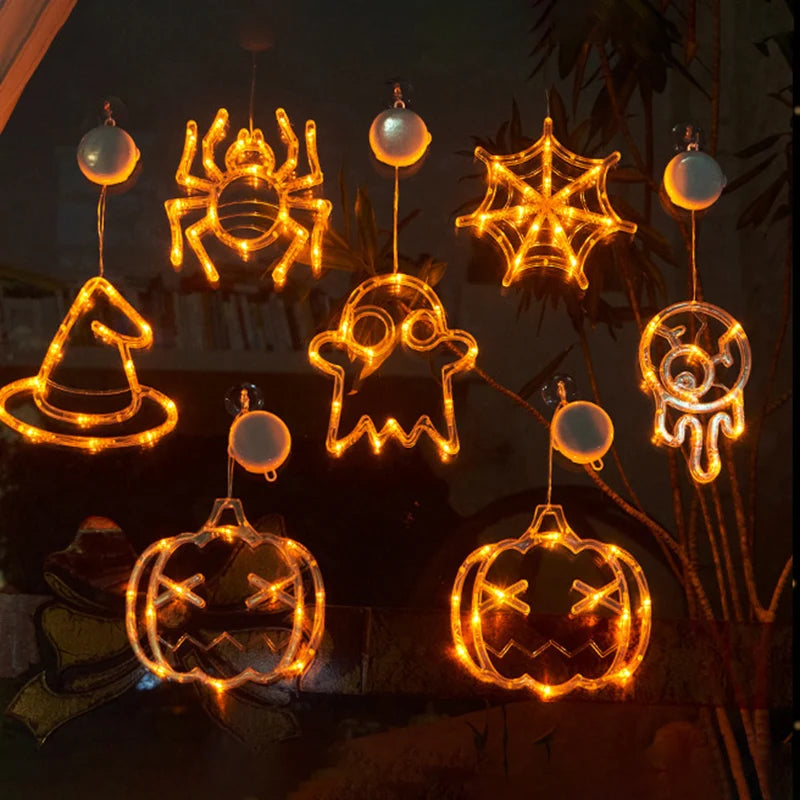 Halloween Decoration Window Lights LED Sucker Lamp Orange Pumpkin Ghost Witch Hat Hanging Lamp Halloween Party Home Decorations