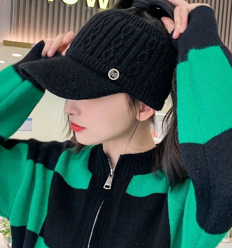 Winter Warm Headband Hat With Brim Thick Knit Cap Ponytail Hole Ponytail Opening Ear Covers Fashion Fashion Knit Hat Accessories