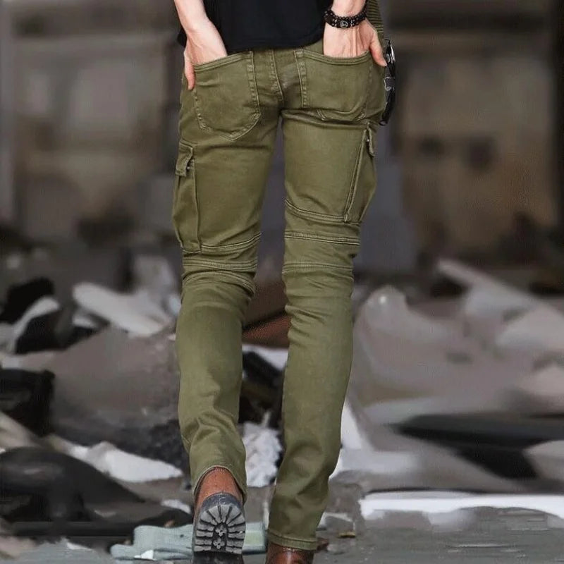 Men's Jeans Green Denim Biker Jeans Skinny New Runway Distressed Slim Elastic Homme Hip Hop Military Motorcycle Cargo Pants