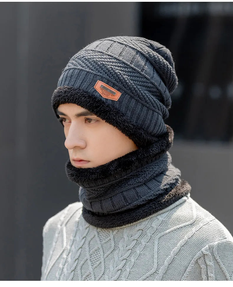Winter Hat For Men Fleece Scarf Women Neck Leather Knitted Cap Thick Wool Neck Warmer Balaclava Ski Mask Skullies Beanies