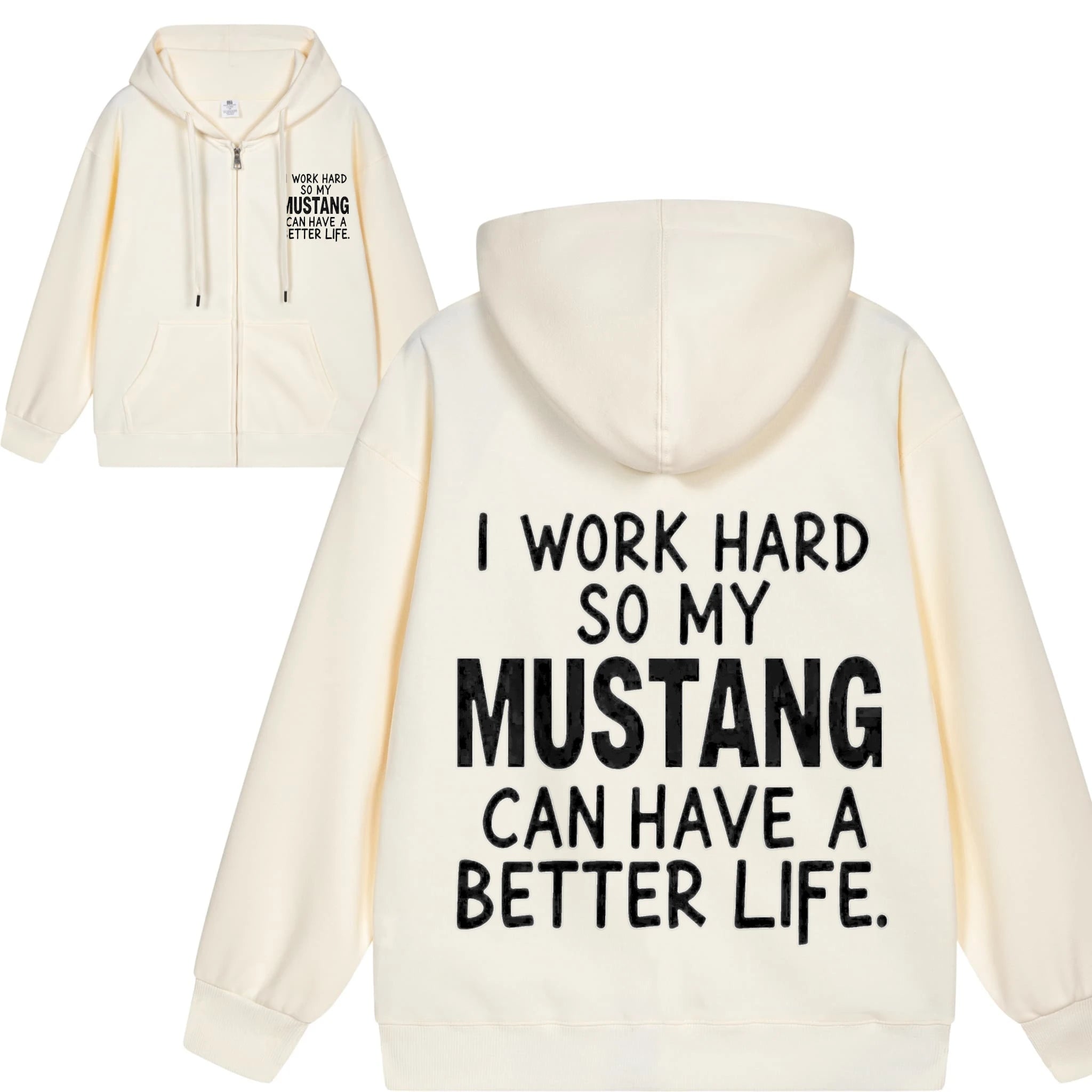 Men's Hooded Jacket Black Mustang Text Print Casual Daily Wear Fashion Streetwear Top Quality Comfortable Sweatshirt