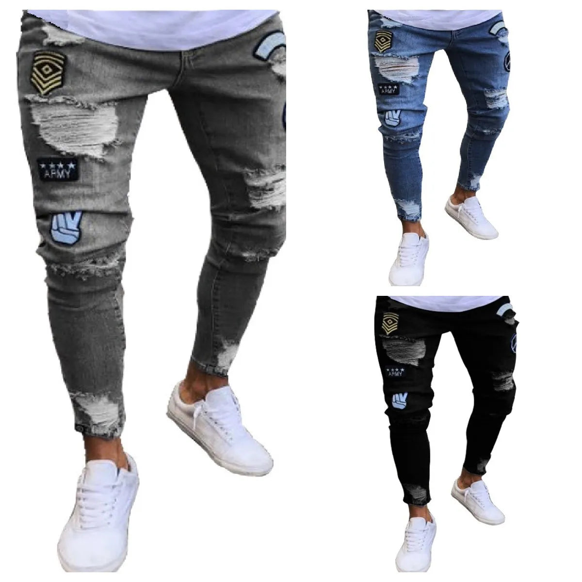 New embroidered fine grain jeans for men, cotton elastic hole slim fit hip-hop denim pants, casual jeans for men, jogging pants