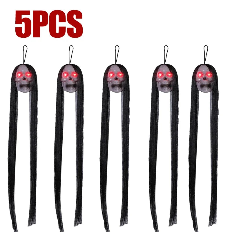 Halloween Hanging Ghost Skull with Long Hair Glowing Eyes Terror Skull Ghost House Head Skeleton Props 2024 Halloween Decoration