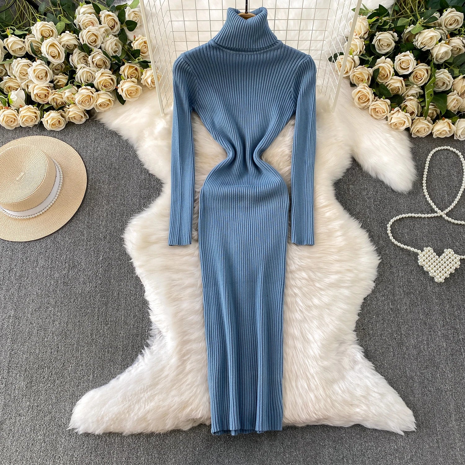Women Winter Turtleneck Knittign Dress Stretch Slim Long Sleeve Soft Knitwear Dresses Female Casual Lining Simple Bottom Vestido
