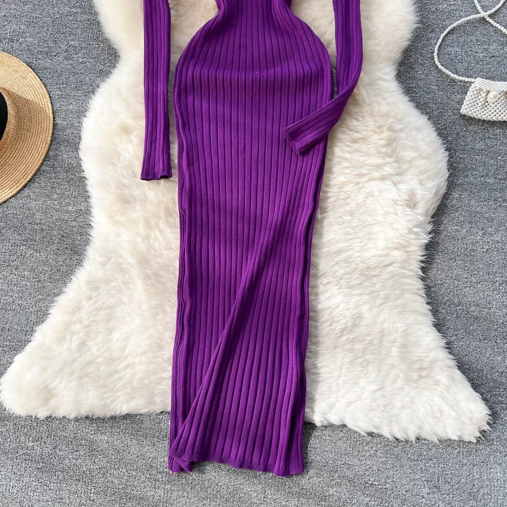 Women Knitted Dress O Neck Sexy Slim Elastic Oversized Basic Bodycon Long Dress Winter knit Warm Sweater Dresses