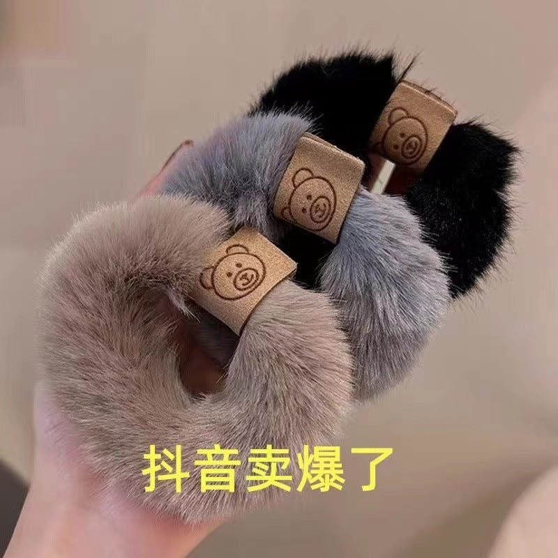 Autumn and Winter Plush Patch Bear Towel Ring Hair Tie Korean Style Hair Accessories Headband Thick High Elastic Hair Rope