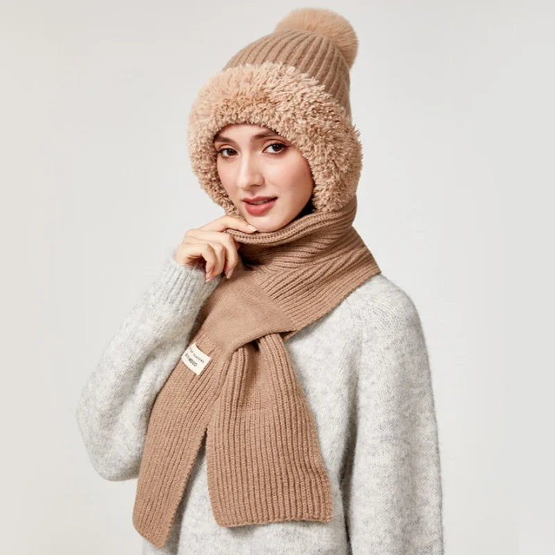 Winter Hat with Long Scarf - Women's Outdoor Knitted One-Piece Hat with Ear Neck Protection, Double-Layer Fleece-Lined  Warmth