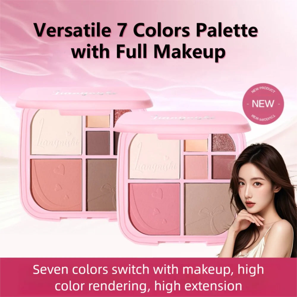 Beauty Brighten Eye Shadow Cosmetics Blush Shading Powder Highlighting Powder Disc with Mirror Art 7 Color Face Palette Party