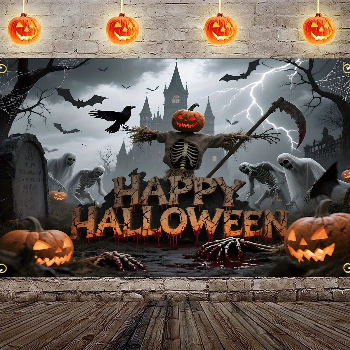 Halloween background: Colorful and eerie pumpkin, scared mouse, bat, dead tree, skull pattern Halloween wall banner