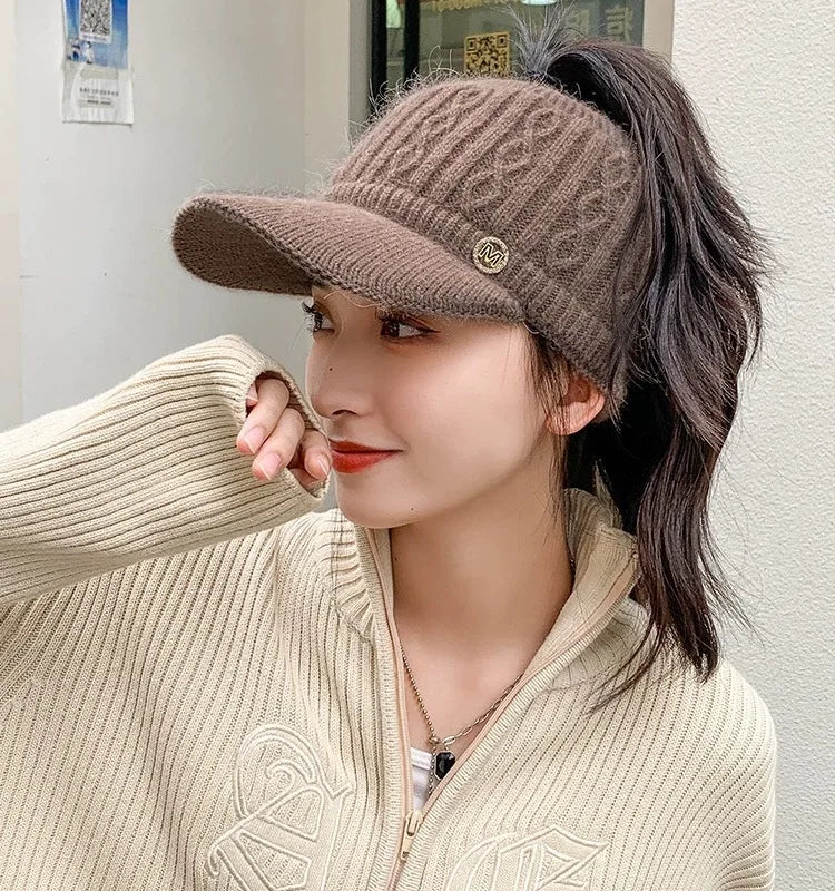Winter Warm Headband Hat With Brim Thick Knit Cap Ponytail Hole Ponytail Opening Ear Covers Fashion Fashion Knit Hat Accessories