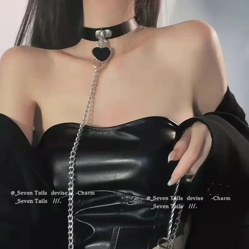 Women Sexy Erotic PU Leather Traction Rope Metal Link Chain Heart Pendant Punk Collar Choker Necklace Costume Props Accessories