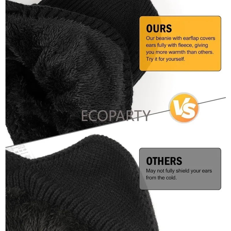 Winter Beanie with Brim and Ear Flaps, Outdoor Warm Fleece Lined Knit Hat Stocking Caps for Men Women bucket hat  winter hat