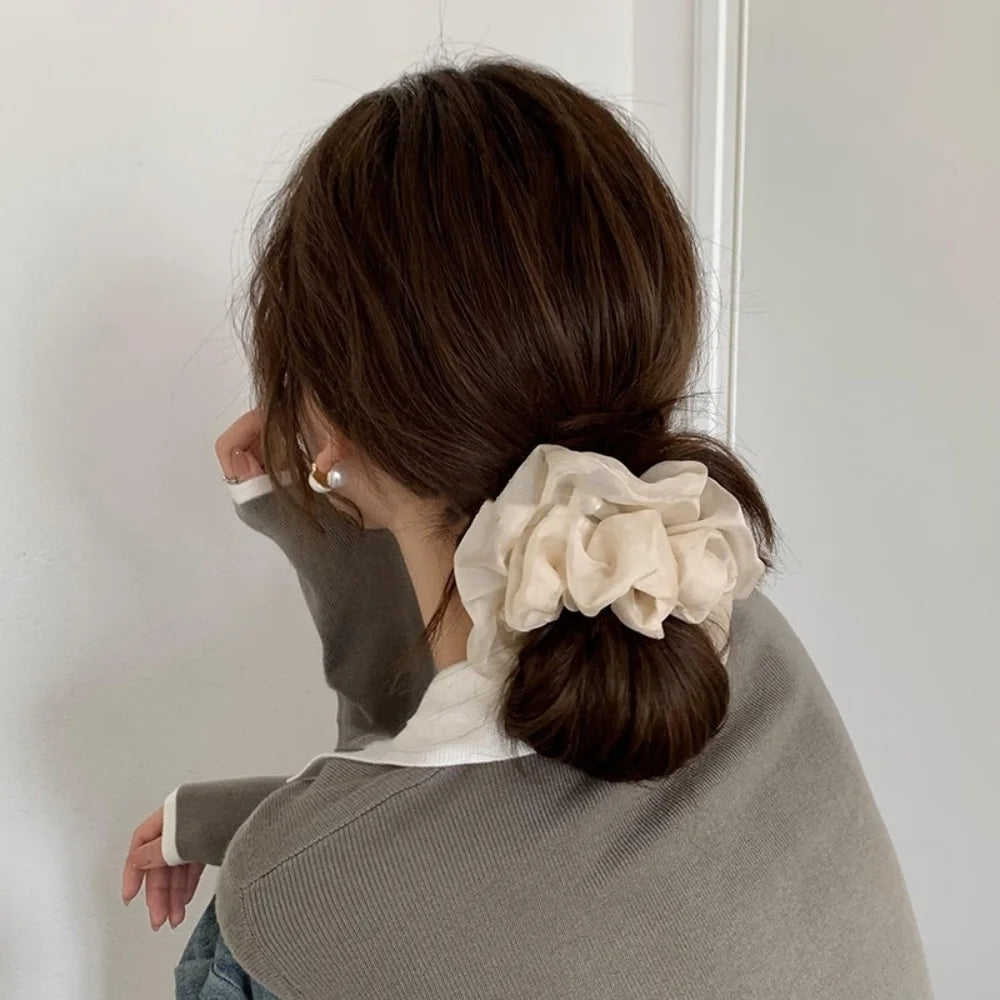 New Woman Large Solid Color Chiffon Scrunchies Elegant Women Mesh Rubber Band Black Beige Pink Ponytail Holders Hair Accessories