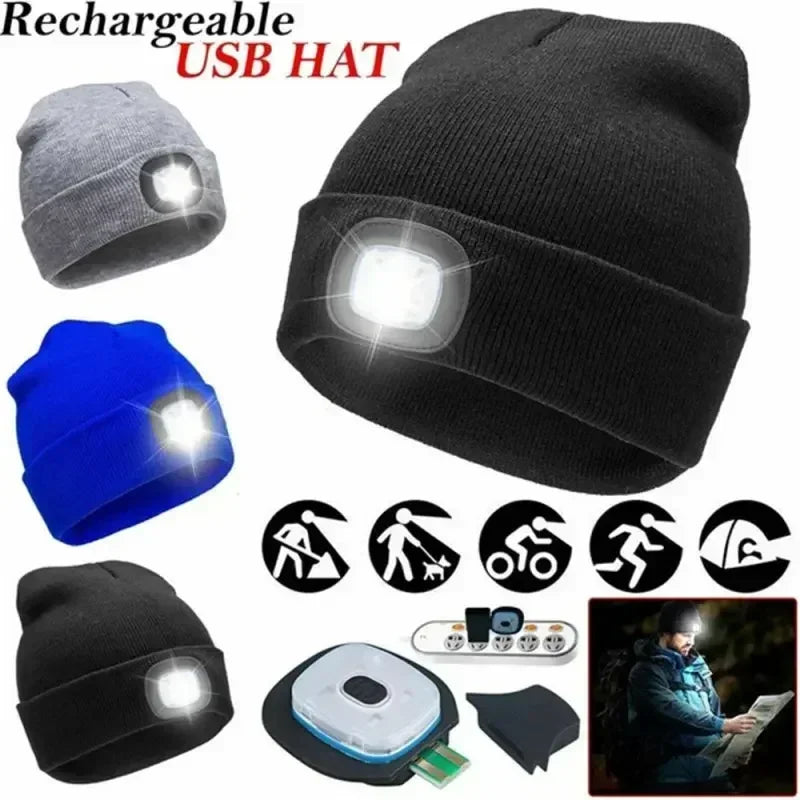 Winter LED Warm Lighting Knitted Hat Men Women LED Headlight Hat Outdoor Sports Night Light-up Hat Stretch Beanie Fishing Hat