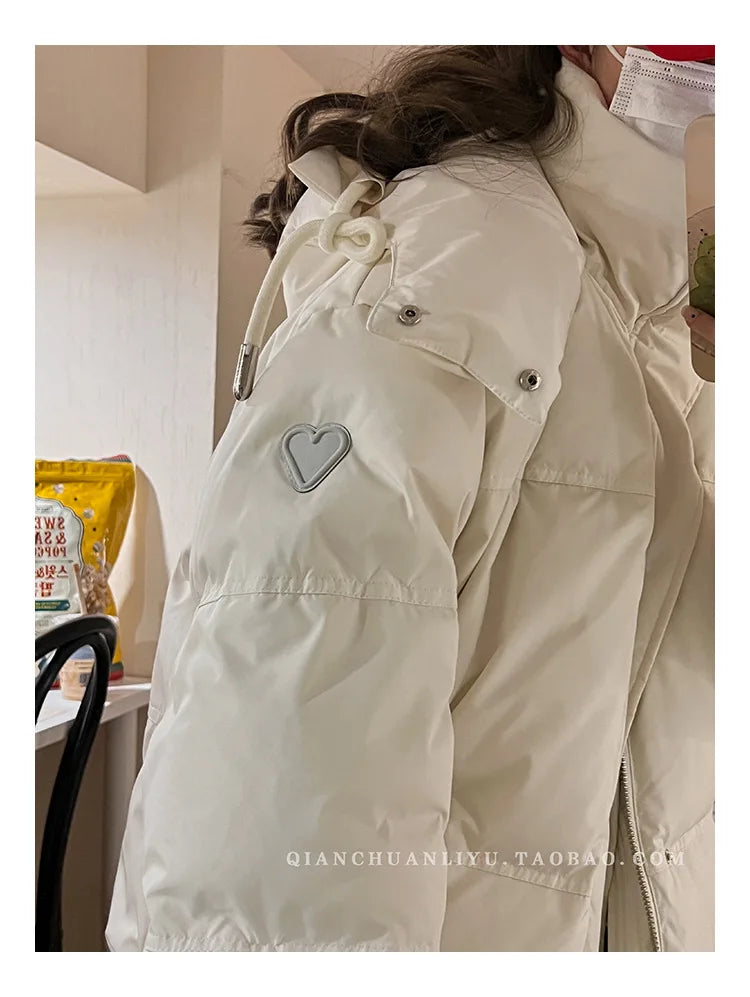 Women's Down Cotton Jacket Hooded Coat Winter Cotton Comfortable Thick Warm Love Embroidery Loose Jacket Snow Coat Clothing