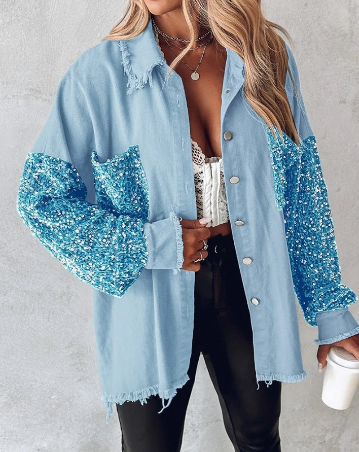 Women Jacket 2024 Spring Fashion Contrast Sequin Raw Hem Pocket Casual Turn-Down Collar Long Sleeve Daily Long Shacket