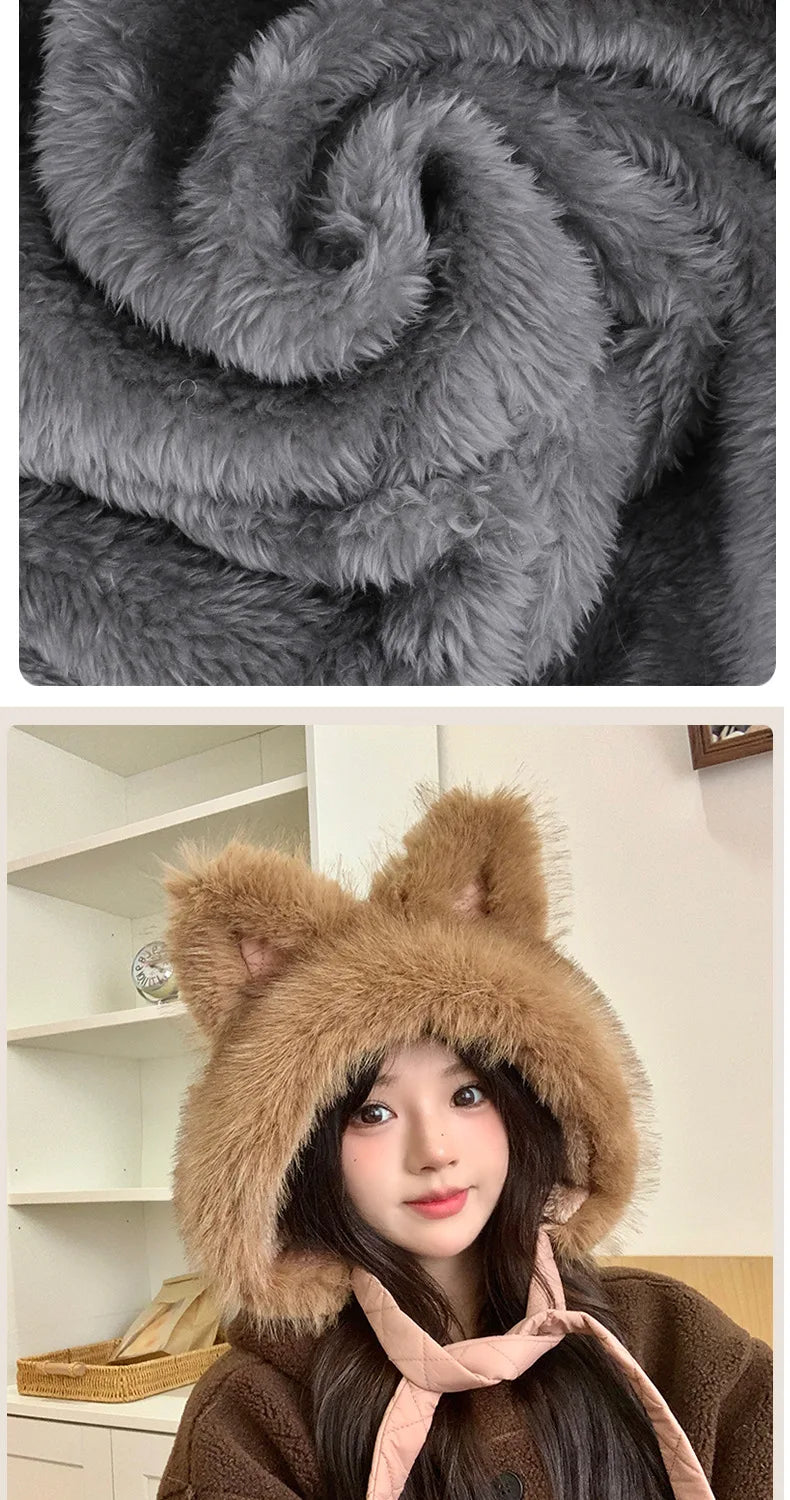 Winter Hat Thicken Ski Beanie Hat for Women Balaclava Spicy Girl Style Cat Girlfriend Hat Outdoor  Warm Protection Accessories