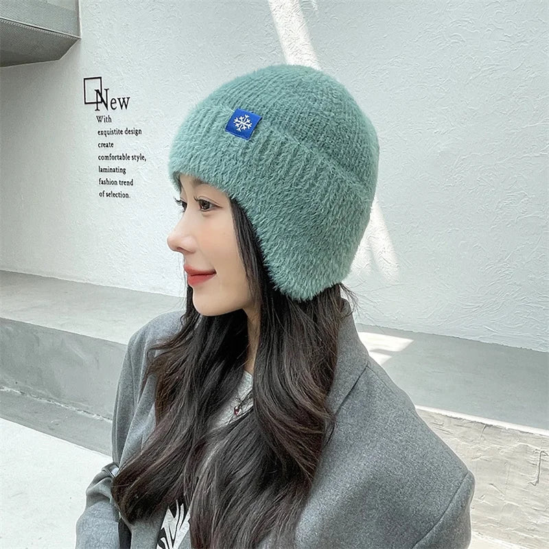 Winter Women Earflap caps Snowflake knitted hats Ear protection hats  Adult Ladies casual mohair beanie cap Gorros