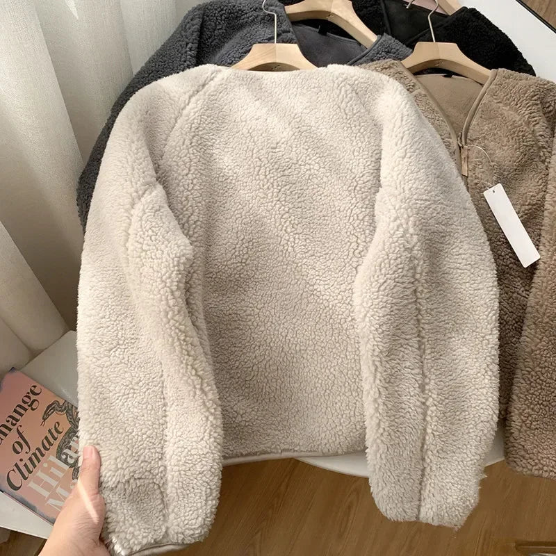 Women Lambswool Jackets 2025 Autumn Winter Thicken Warm Lady Long Sleeve V-neck Outrewear Solid Color Female Chic Zipper Coats