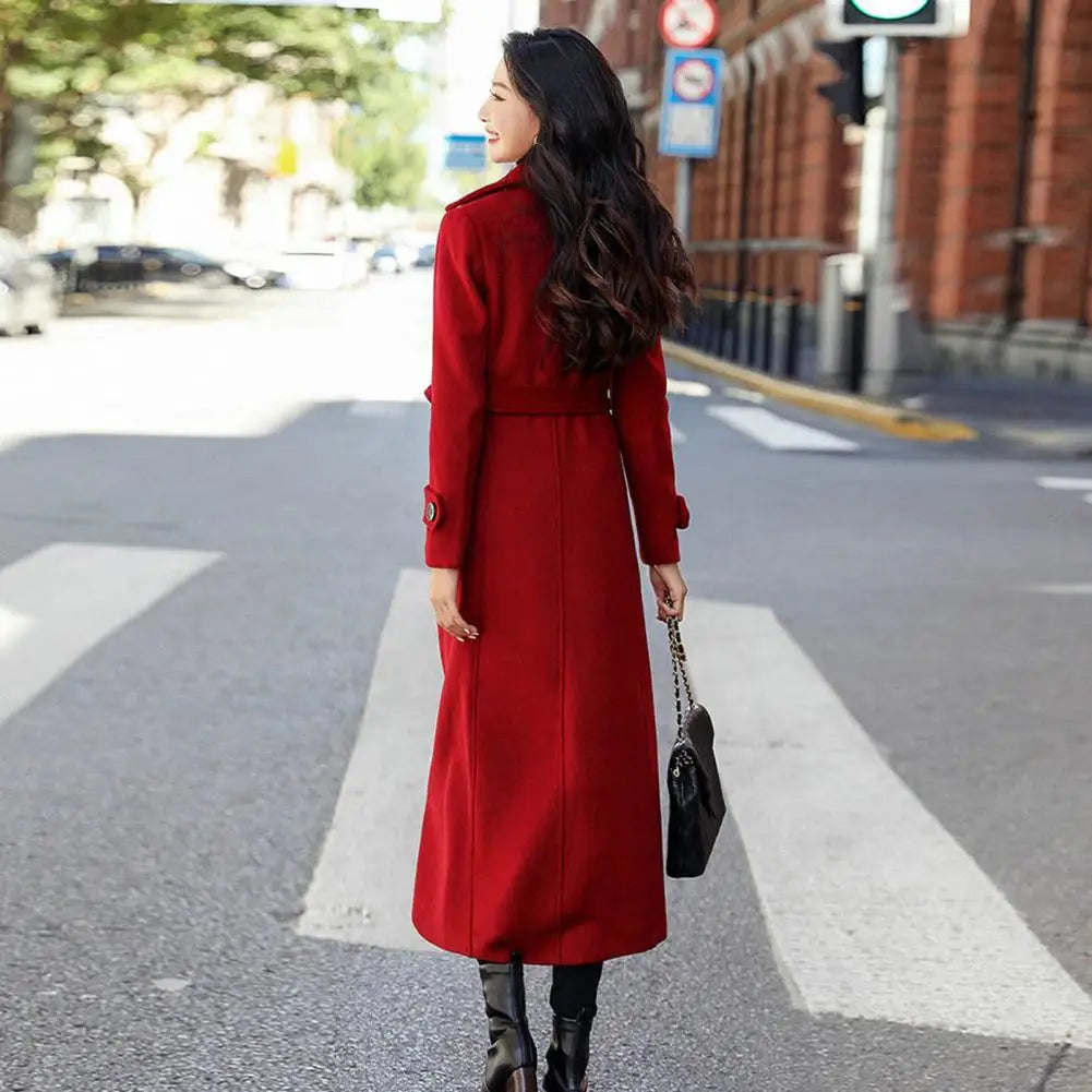 Winter Overcoat Elegant Double-breasted Waist Belt Long Woolen Jacket Fashion Thermal Thick Women Trench Coat Winter Wool Coat