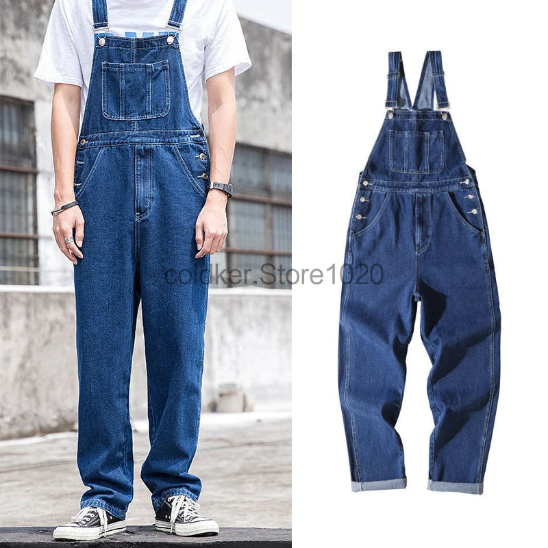New Men's Denim Overalls Casual Multiple Pockets Loose Splice Straight Rompers Fashion Adjustable Suspenders Jeans For Male
