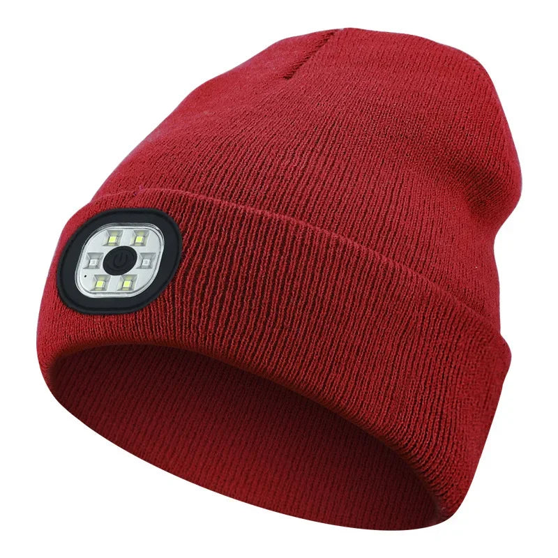 Winter LED Warm Lighting Knitted Hat Men Women LED Headlight Hat Outdoor Sports Night Light-up Hat Stretch Beanie Fishing Hat