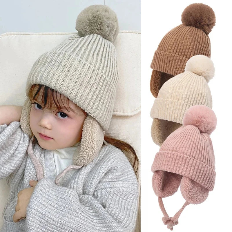 Winter Baby Knitted Hat Skiing Infant Bonnet Plush Lining Kids Beanie Protect Ears Children Cap for Boys Girls Accessories 2-6Y