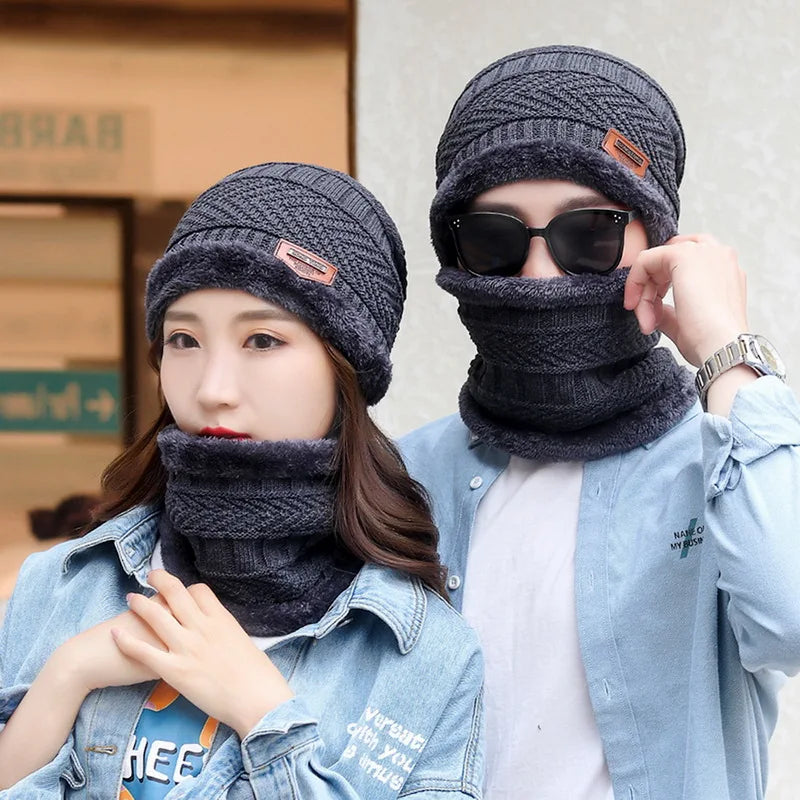 Winter Hat For Men Fleece Scarf Women Neck Leather Knitted Cap Thick Wool Neck Warmer Balaclava Ski Mask Skullies Beanies