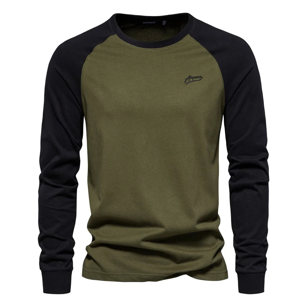 Men's T-shirts 100% Cotton Long Sleeve O-neck Pactwork Casual T shirts for Men New Spring Autumn Designer Tees Men Clothing