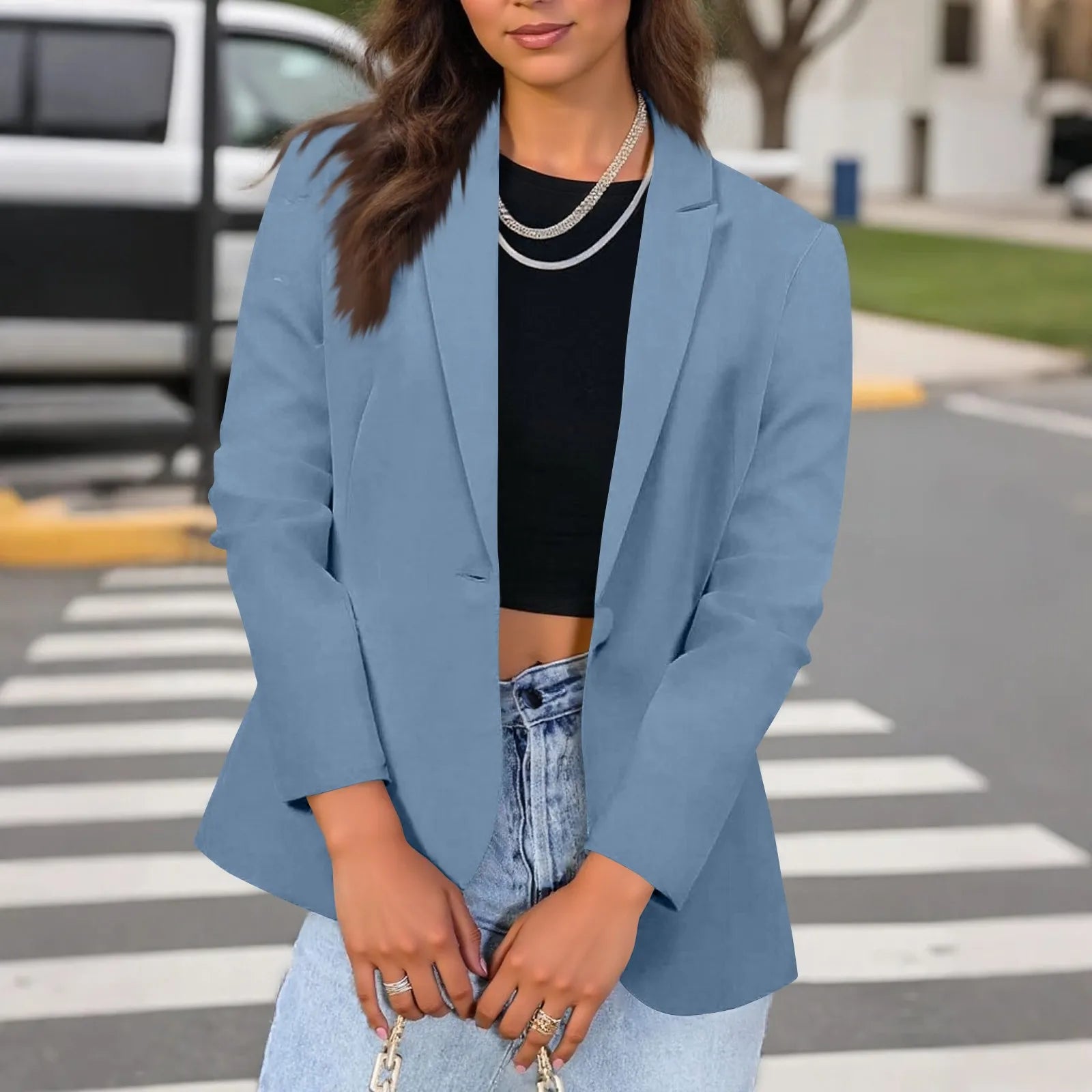 Casual Suit Jacket for Women Fashion Solid Color Long-sleeved Suit Collar Blazer Business Casual Single-button Cardigan Jacket