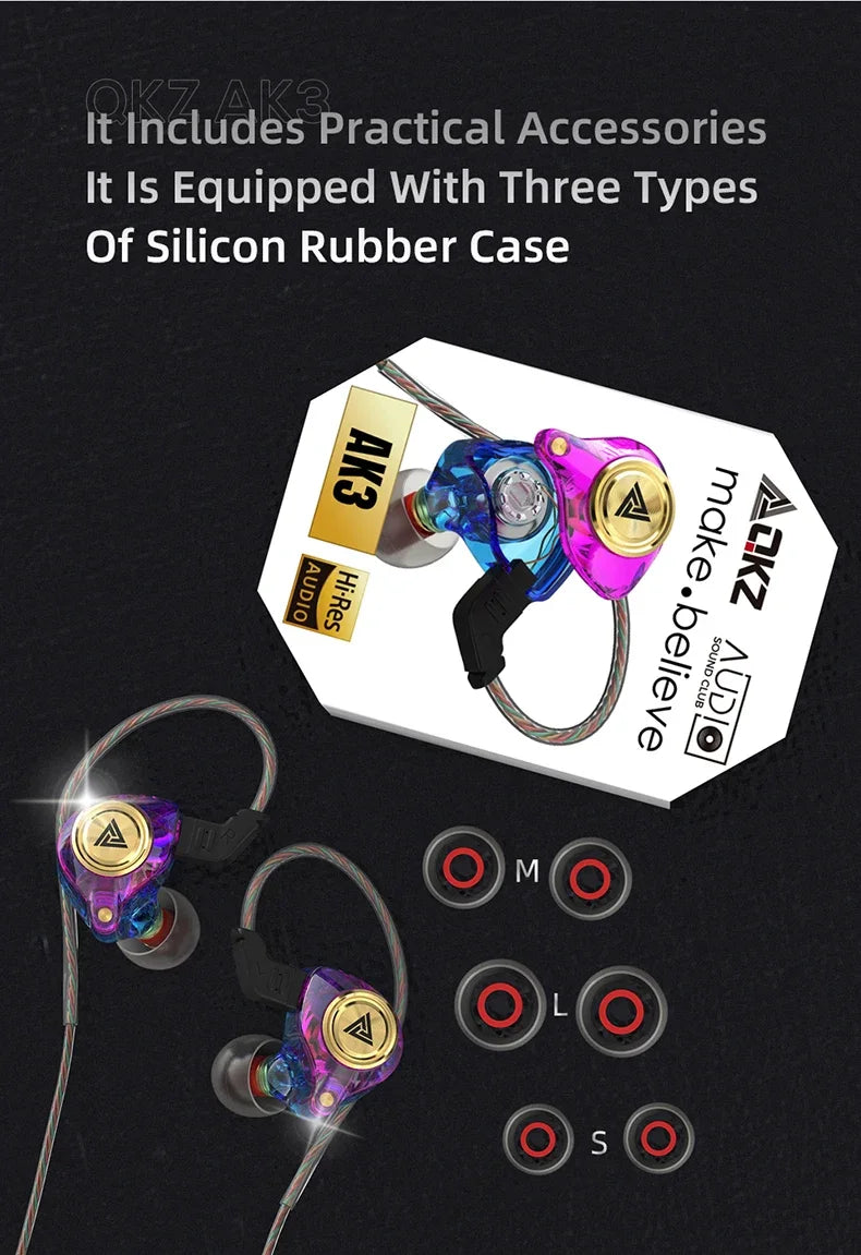 QKZ AK3 FiLe Wired Earphone with Microphone HiFi Music Monitor Bass Headphones Noise Cancelling Headset For Sport Gaming Earbuds