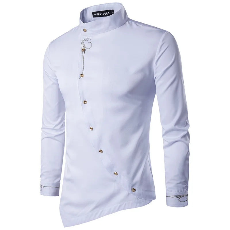 2025 Men's Oblique Button Dress Shirt High Quality Long Sleeve Slim Embroidery Shirts Men Stand Collar Business Wedding Camisas