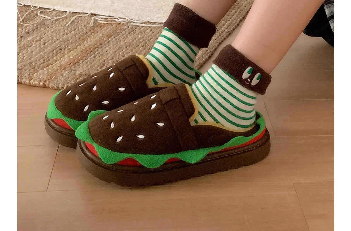 Women's Home Slippers Winter Warm Fuzzy Hamburger Slippers Funny Cute Indoor Rug Flat-Soled Home Shoes Plush Home Slippers