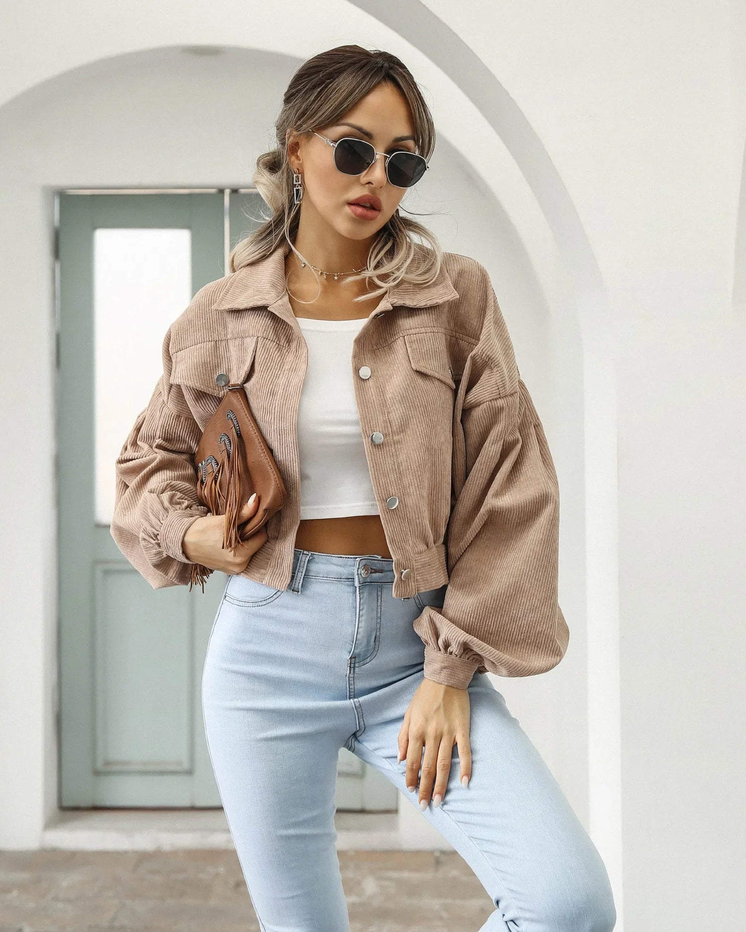 New Autumn Winter Jackets for Women Lantern Sleeve Tops Cropped Bomber Jacket Overcoat Outwear clothes Corduroy Coat 18047