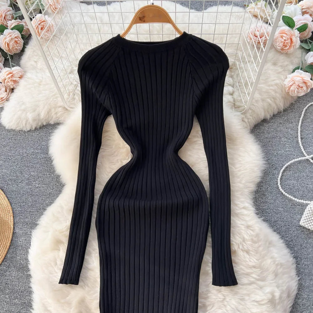 Women Knitted Dress O Neck Sexy Slim Elastic Oversized Basic Bodycon Long Dress Winter knit Warm Sweater Dresses