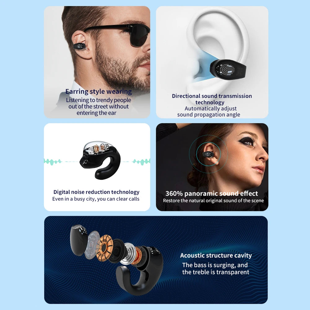 Wireless Clip On Headphones Bluetooth Headset High Definition Audio Quality Sports Earphones Noise Cancelling In-Ear Earphones