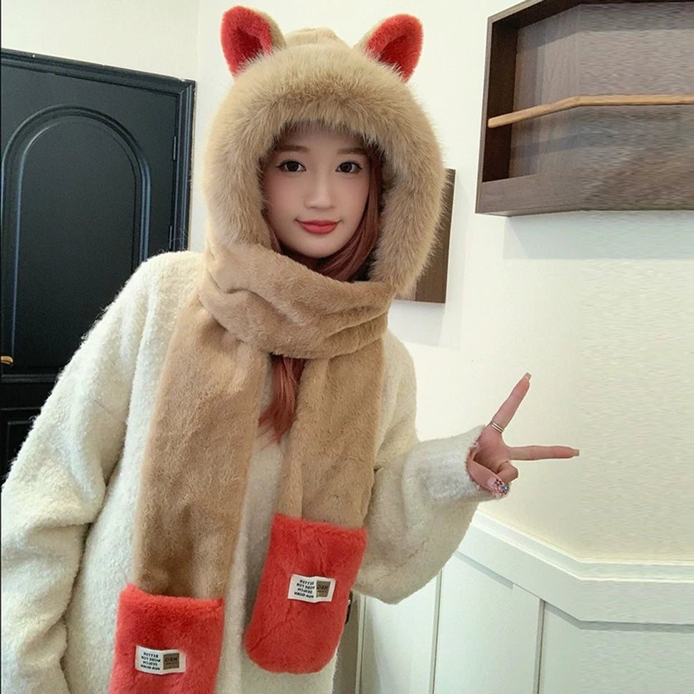 1 Pieces Winter Women's Warm Hat Three-piece Set Hat Scarf Gloves All-in-one Set Cute Cartoon Fashionable Versatile