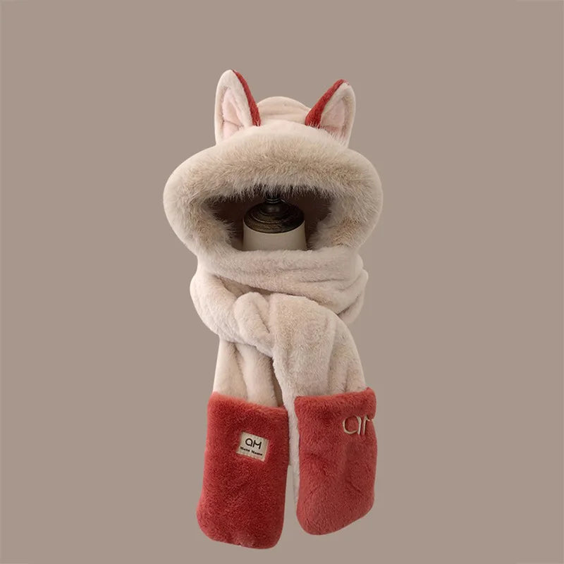 Winter Ears Warm Furry Skiing Scarf Gloves One-piece Hat Children