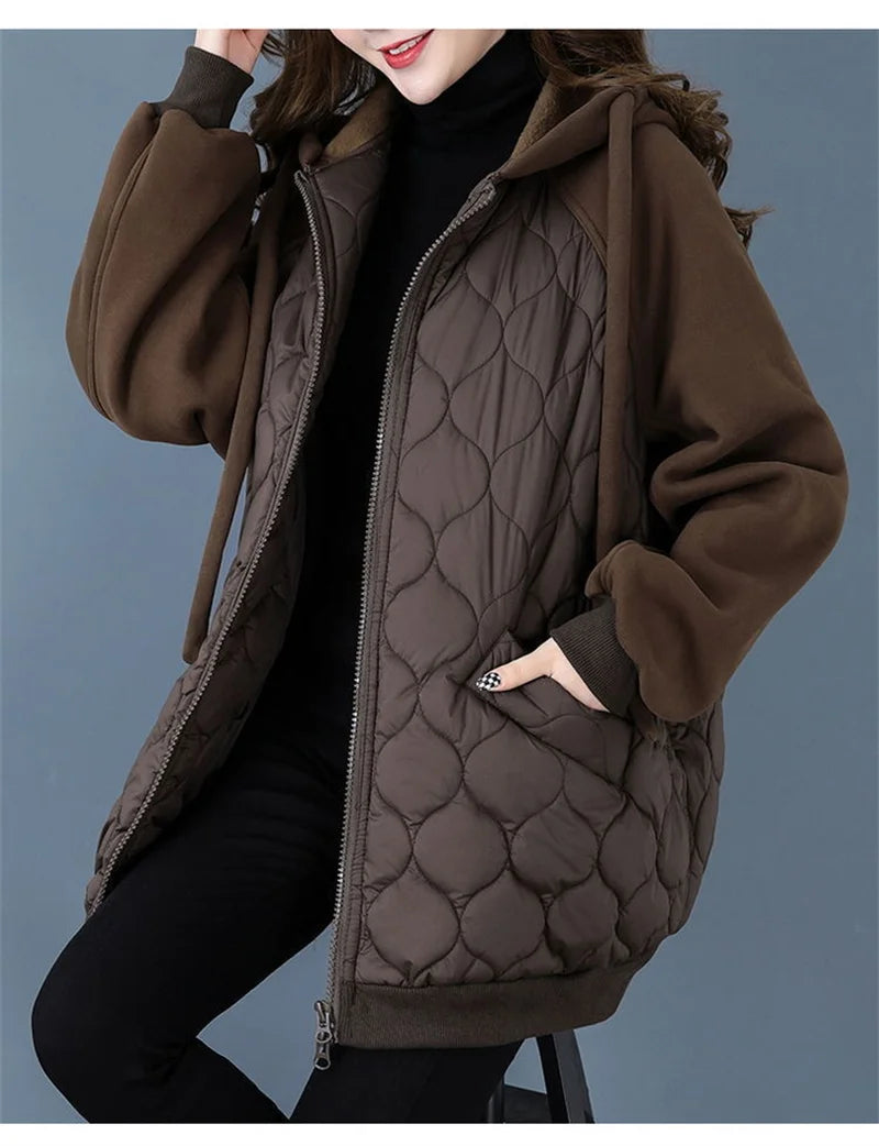 Autumn/Winter Jacket Women Hooded Splice Down Cotton Coat 2023 European Station Large Size Loose Cotton Jacket Female Outerwear