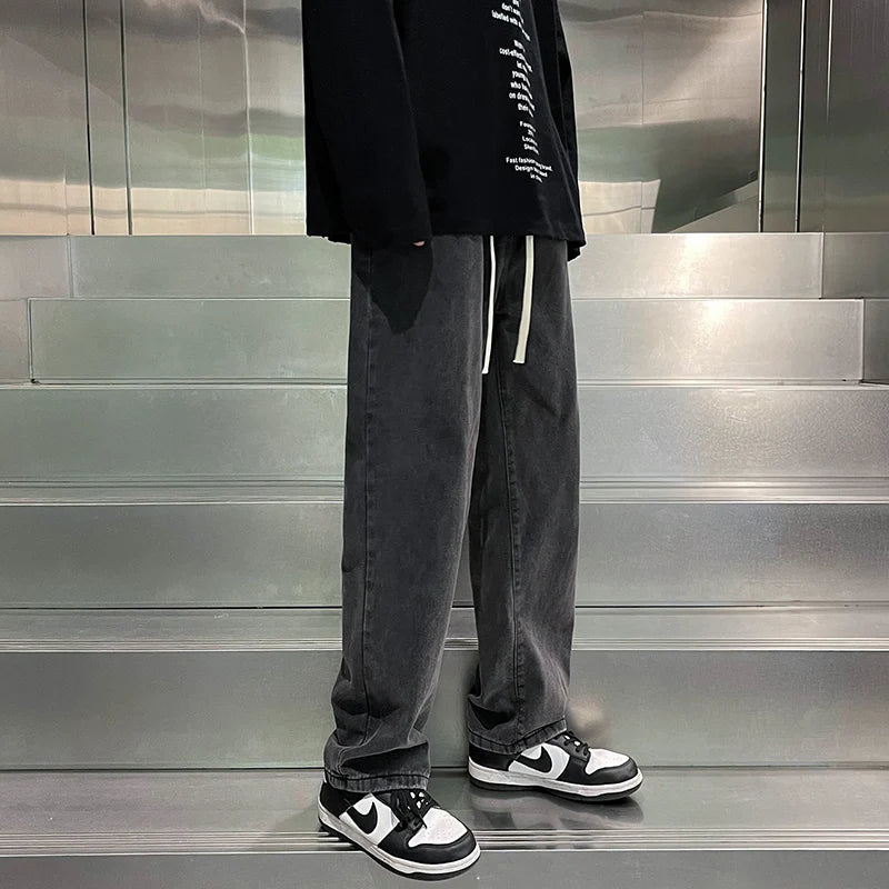 Black and Gray Jeans Men's Summer Loose Straight Trousers Trendy Brand High Street Vibe Pants Men