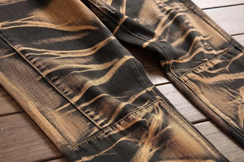 2025 Men's Fashion Vintage Jeans Slim Straight Leg Tie Dye Pleated Biker Denim Pants Male Casual Pants Oversized 42 High Quality