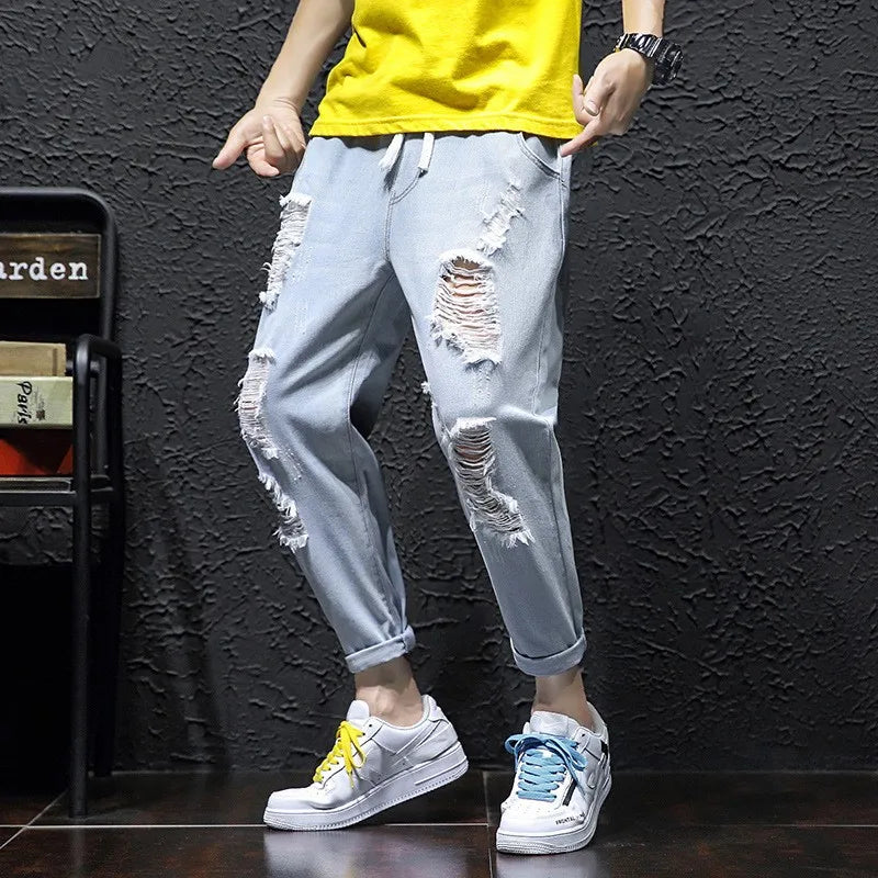 2025 Men's Summer Ripped Jeans Fashion Casual Streetwear Korean Style Baggy Broken Holes Trousers Denim Cropped Pants Oversized