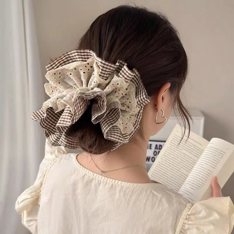 Women Large Lace Scrunchies Vintage Plaid Hair Bands Ponytail Holder Tie Hair Hoop Scrunchy Rubber Band Women Hair Accessories