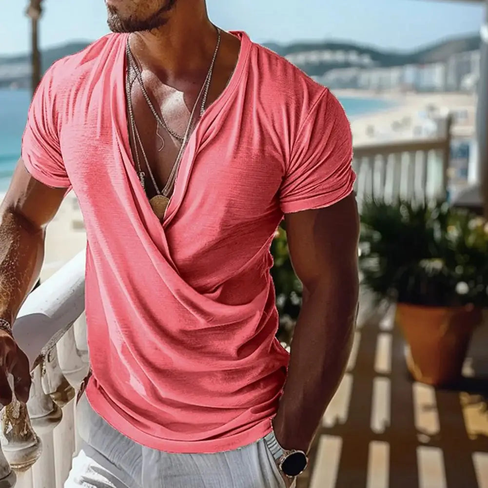 Men T-shirt V-neck Short Sleeve Casual Tops Loose Fit Solid Color Breathable Fabric Pullover Tops Home Gym Street Wear