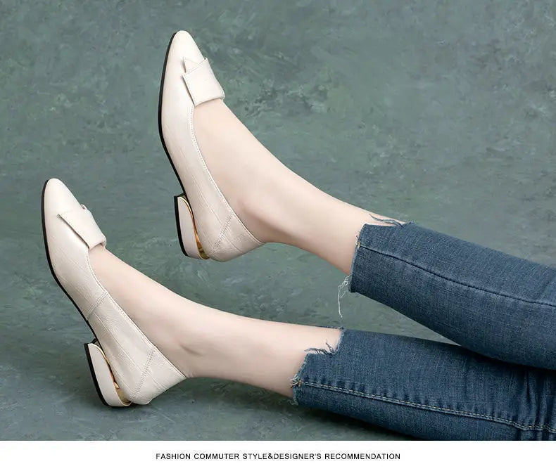 Shoe Women's 2024 New Spring and Autumn Shallow Cut Thick Heel Pointed Toe Women's Shoes Soft Leather Soft Sole Shoes Work Shoes