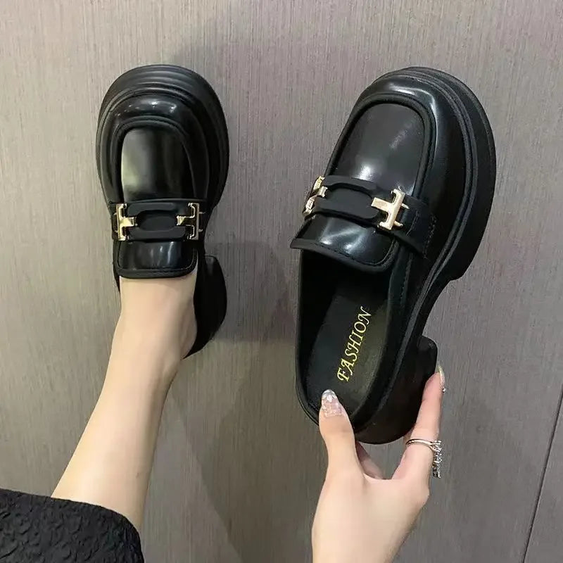 2025 New Shoes French Thick Sole Half Support Loafers Casual Women's Single Shoes British Style Small Leather Shoes